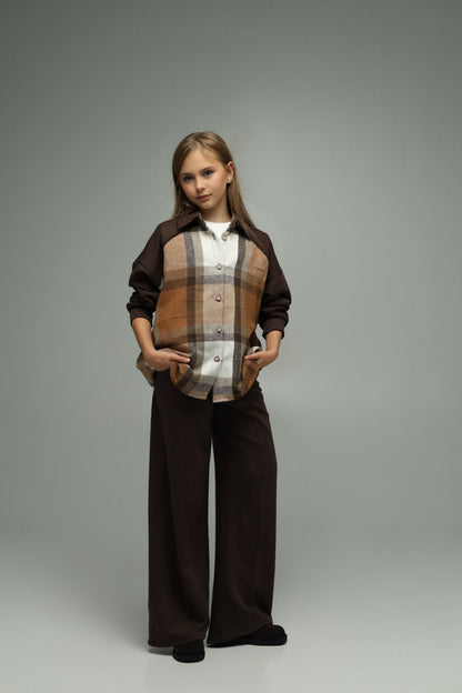 Koszula flanelowa oversize z dzianiną – CARAMEL CHECK