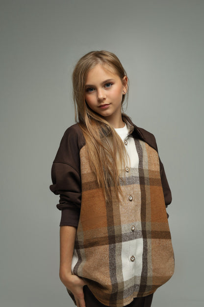 Koszula flanelowa oversize z dzianiną – CARAMEL CHECK