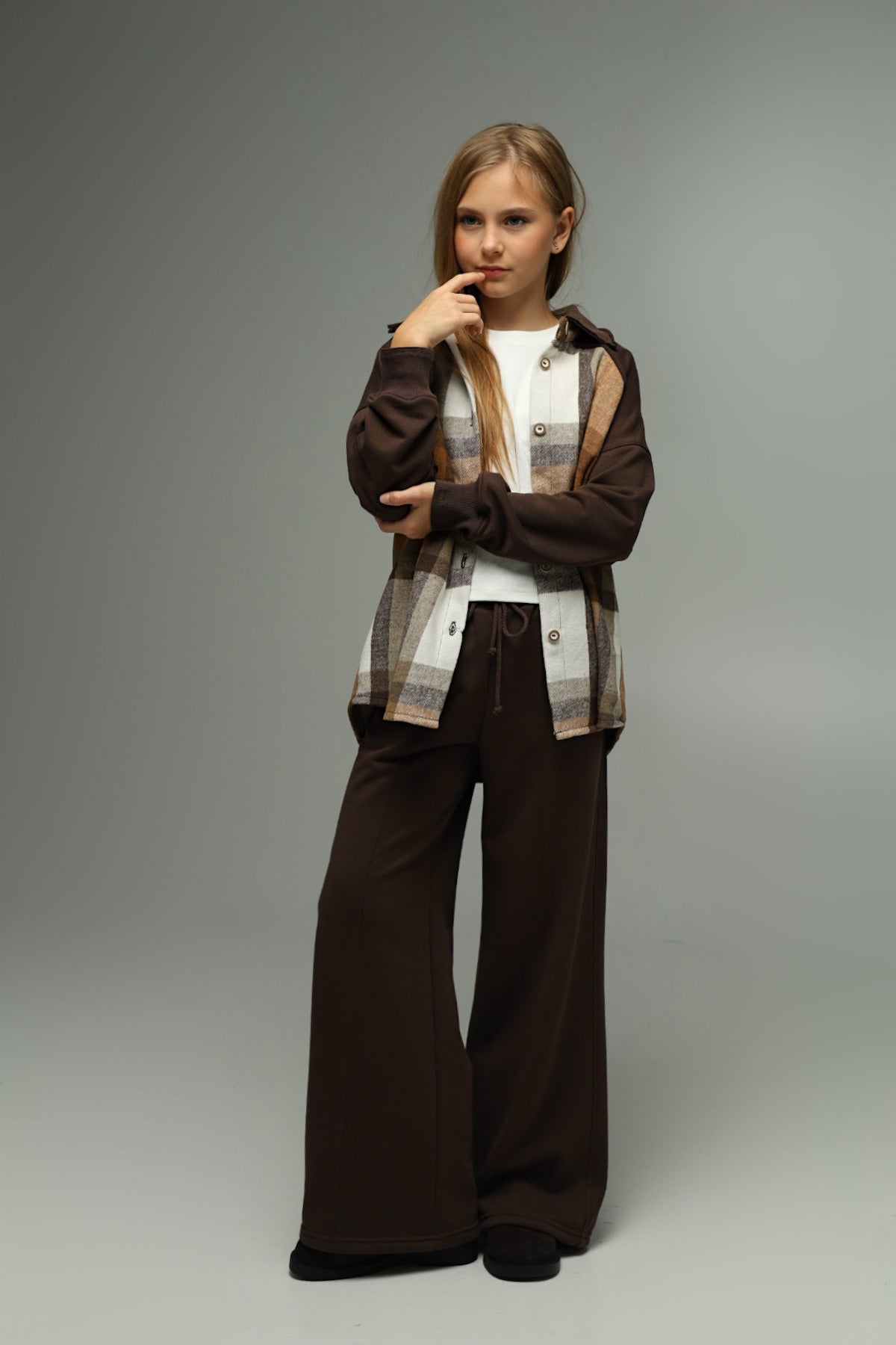 Koszula flanelowa oversize z dzianiną – CARAMEL CHECK