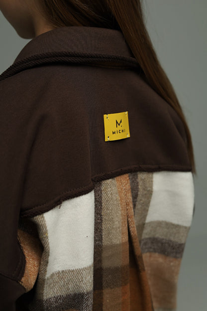 Koszula flanelowa oversize z dzianiną – CARAMEL CHECK