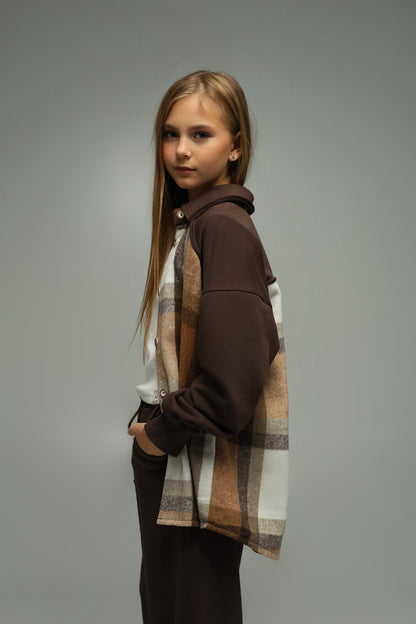 Koszula flanelowa oversize z dzianiną – CARAMEL CHECK